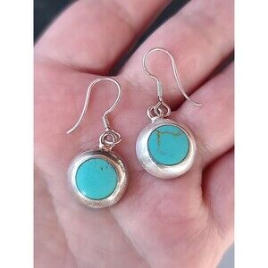 Mexican 925 Sterling Silver Faux Turquoise Dangling Pierced Earrings Vintage